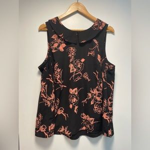 Jesse B sleeveless black blouse with coral floral design 1X